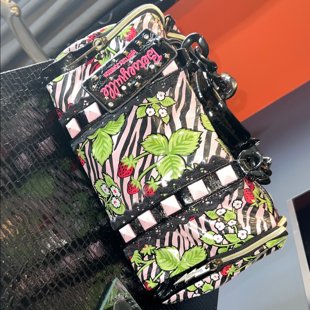 RARE ✨ Betsey Johnson Betseyville Strawberry Zebra Rocker Barrel Bag 🍓⚡